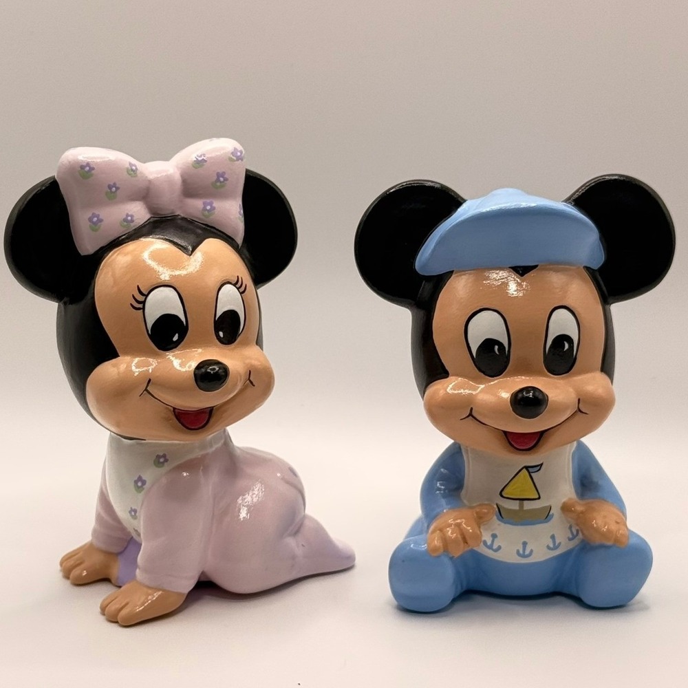 Vintage Baby Mickey and Minnie Mouse Ceramic Figurines Hand Painted Disney Decor